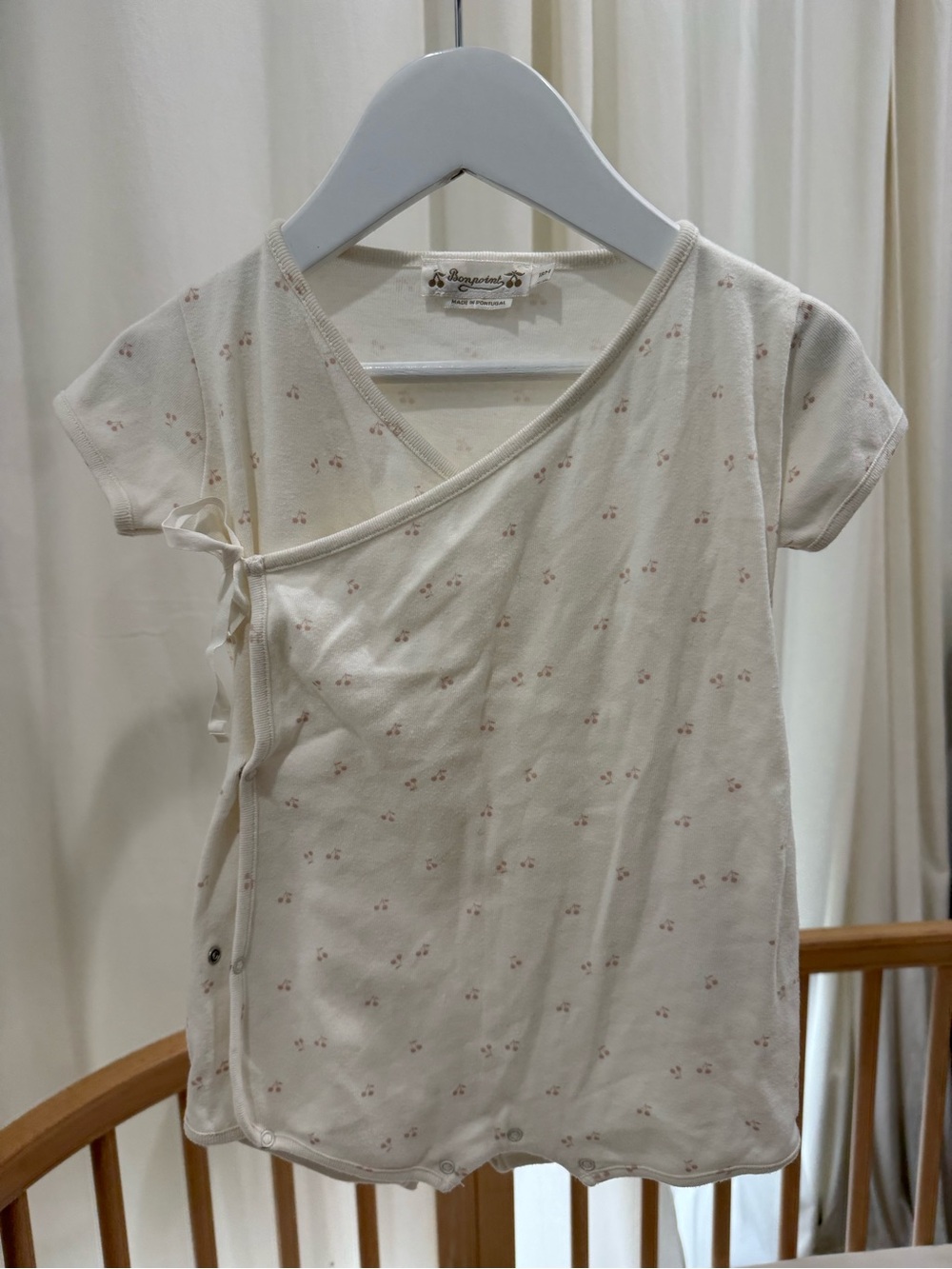 Bonpoint Cream Wrap Romper with Pink Cherry Print